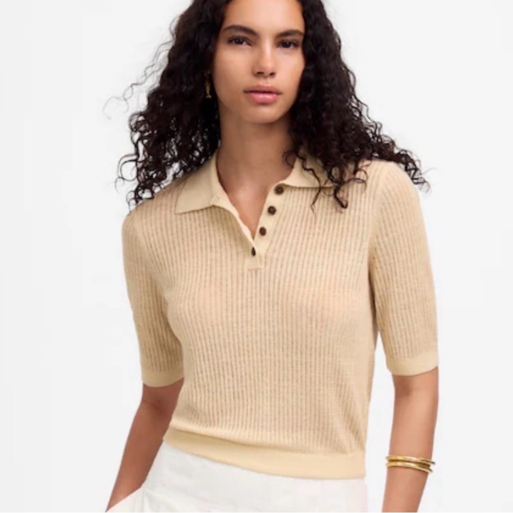 Madewell light tan linen blend polo sweater, size XL